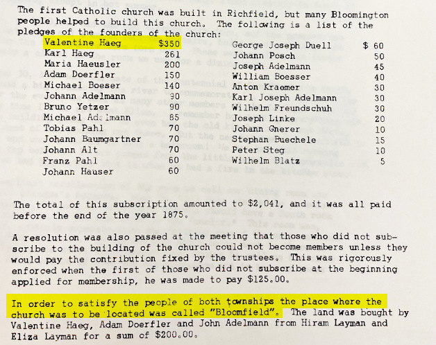 A listing of donors to the church, highlighting Valentine Haeg as the biggest donor at $350.  Also highlighted is the text 'In order to satisfy the people of both townships, the place where the church was to be located was called Bloomfield.'