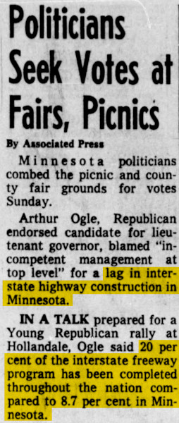 A newspaper clipping with the headline 'Politicians Seek Votes at Fairs, Picnics' with text highlighted that indicates a 'lag in construction' and that Minnesota has only completed 8.7% of interstates compared to 20% nationally.