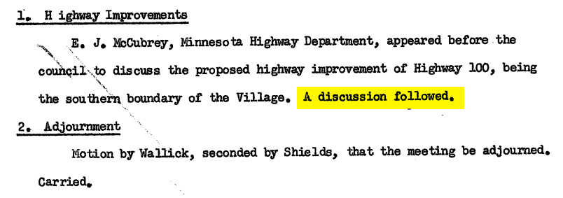 Section of the city minutes about highway improvements on Highway 100 with a highlight that says 'A discussion followed.'