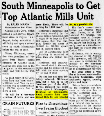 Newspaper clipping with the headline 'South Minneapolis to Get Top Atlantic Mills Unit' and highlighting on a section that says Bloomington or Richfield at 78th and Nicollet is a possible location.