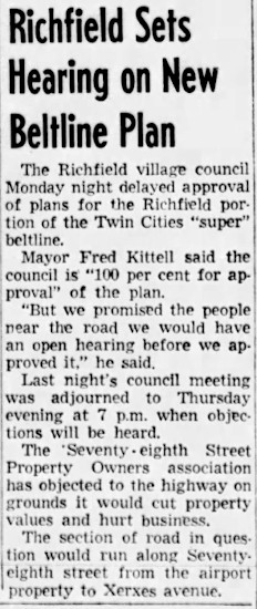 Newspaper headline that says 'Richfield Sets Hearing on New Beltline Plan.'