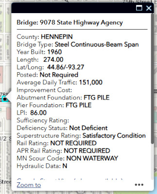 Screenshot of a popup on the MnDOT bridge site with the header 'Bridge: 9078' and misc details about the bridge, like the year built (1960), length, and location.