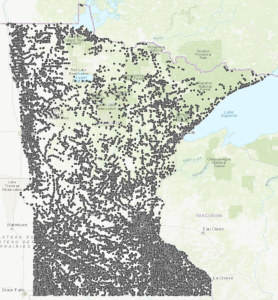 Screenshot of a map of Minnesota with thousands of tiny dots all over indicating the locations of bridges.