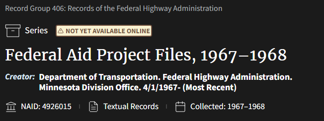 Screencap of a website that says 'Federal Aid Project Files, 1967-1968.'