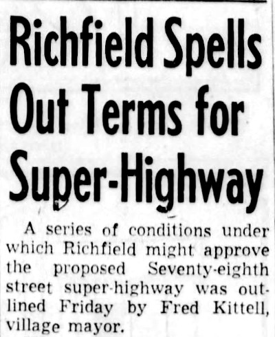 Newspaper headline that says 'Richfield Spells Out Terms for Super-Highway.'