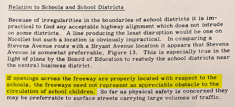 Excert from the Barton report, with highlighted text: 'If openings across the freeway are properly located with respect to the schools, the freeways need not represent an apprciable obstacle to the circulation of school children.'